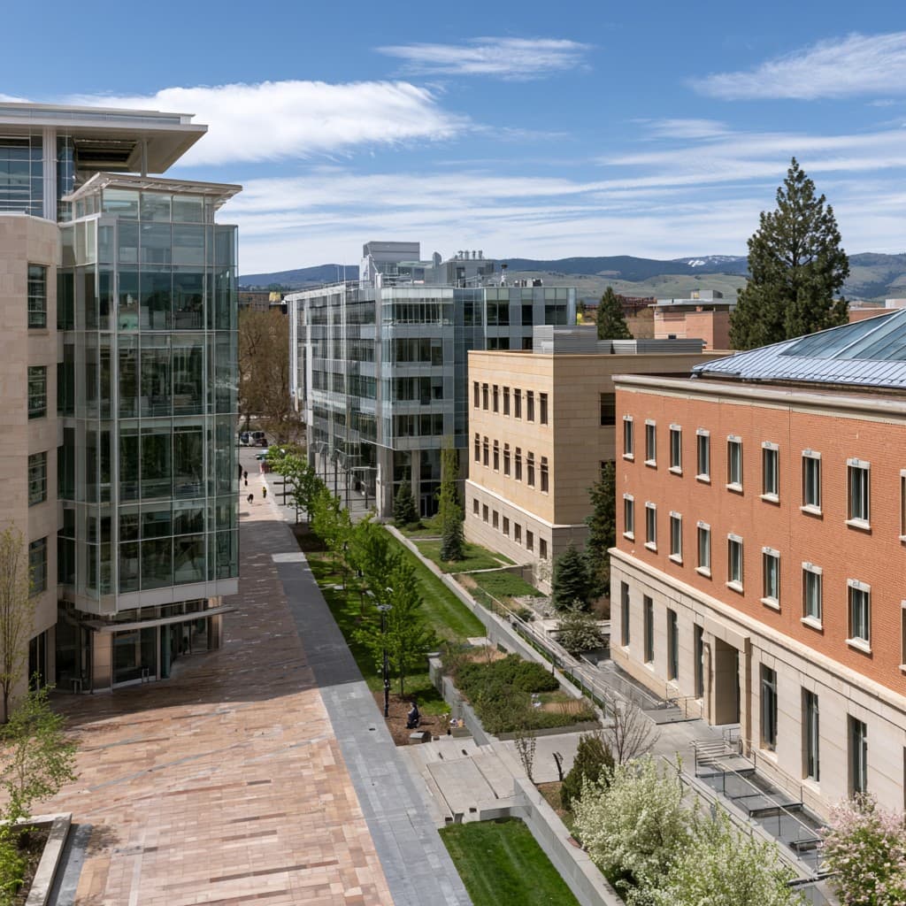 Aerial view of a multi-building campus with camera coverage